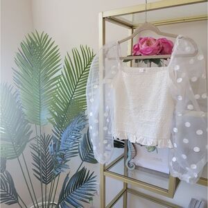 NWOT White Polka Dot Organza Statement Organza/Sheer Long Sleeve Top Size Large